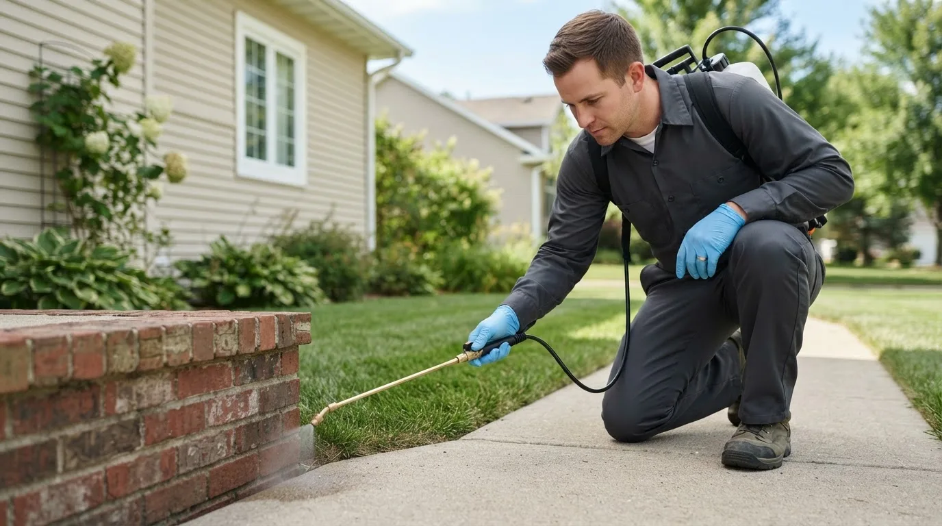 Pest control technician treating a home near Denver, NY