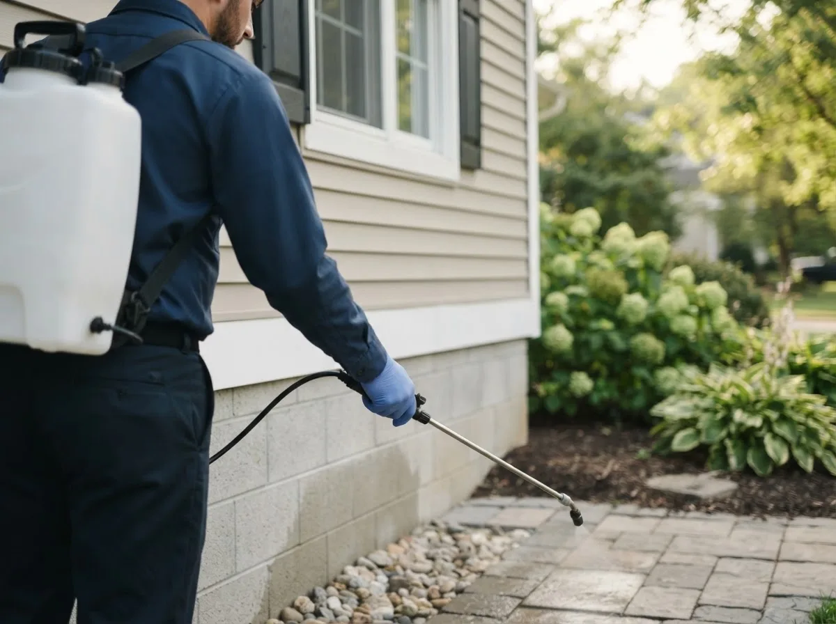 Pest control technician inspecting a home in Denver, NY